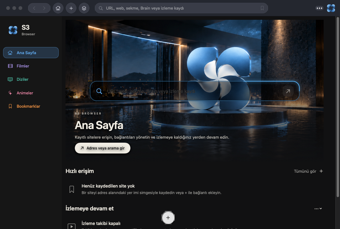 Actual S3 Browser Home capture with its Turkish sidebar, cinematic rotor artwork, quick access and Continue Watching empty states.