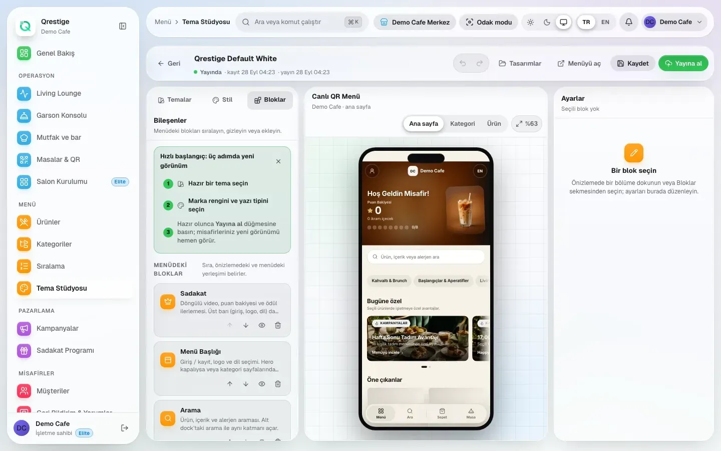 QRESTIGE Menu Theme Studio showing menu blocks, a guest-menu preview and appearance settings.