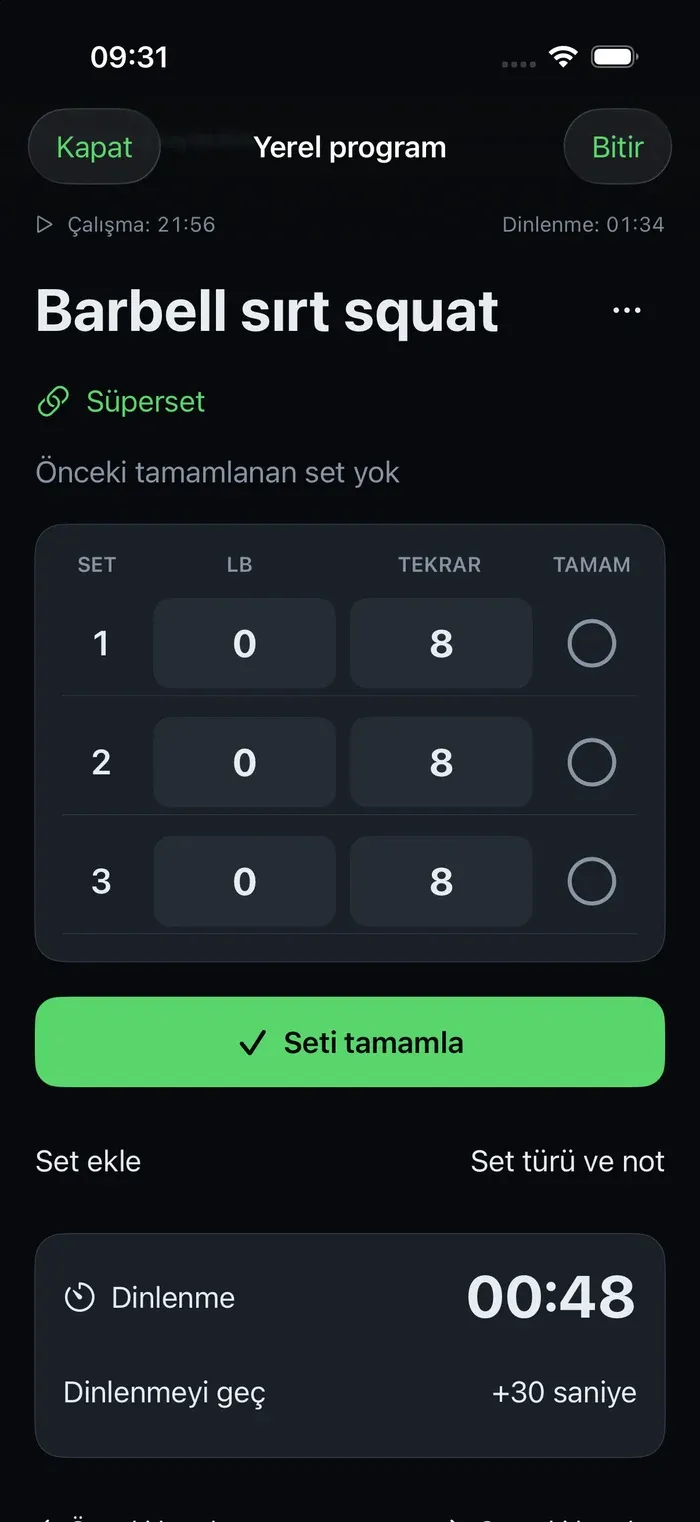 Gerçek LIFTJAB set kaydı: tekrar, ağırlık ve dinlenme sayacı; Türkçe arayüz.