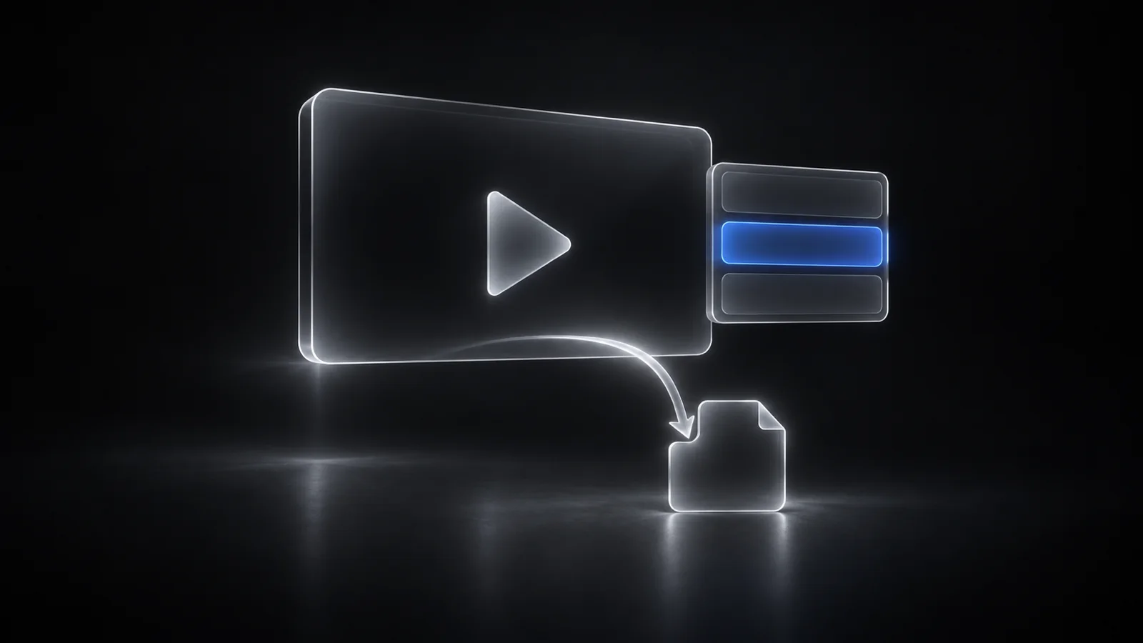 A dark glass video frame with a silver play triangle, a blank menu with one blue row, and a glowing arrow pointing down to a glass file tile.