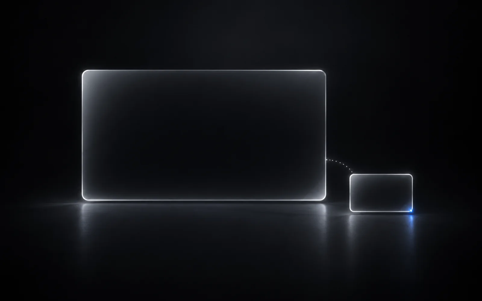 A large dark glass window and a smaller floating window at its lower right are connected by a faint dotted line. A tiny blue point glows at the smaller window’s corner.