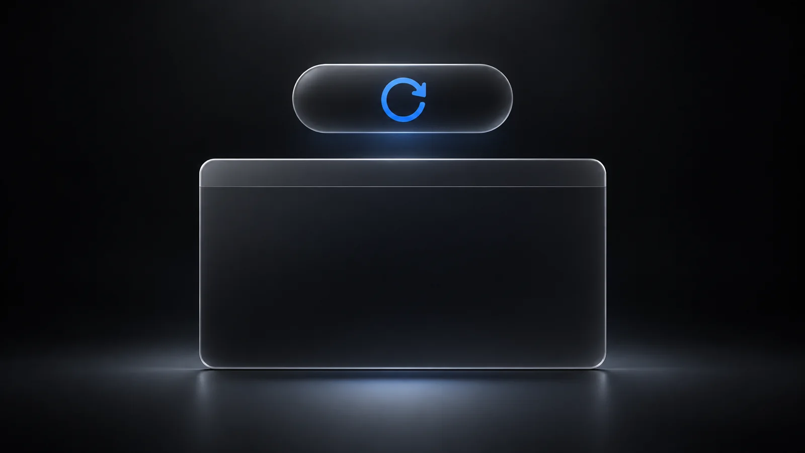 A floating dark glass notification pill containing a blue circular restart arrow sits above a blank application window on a near-black background.