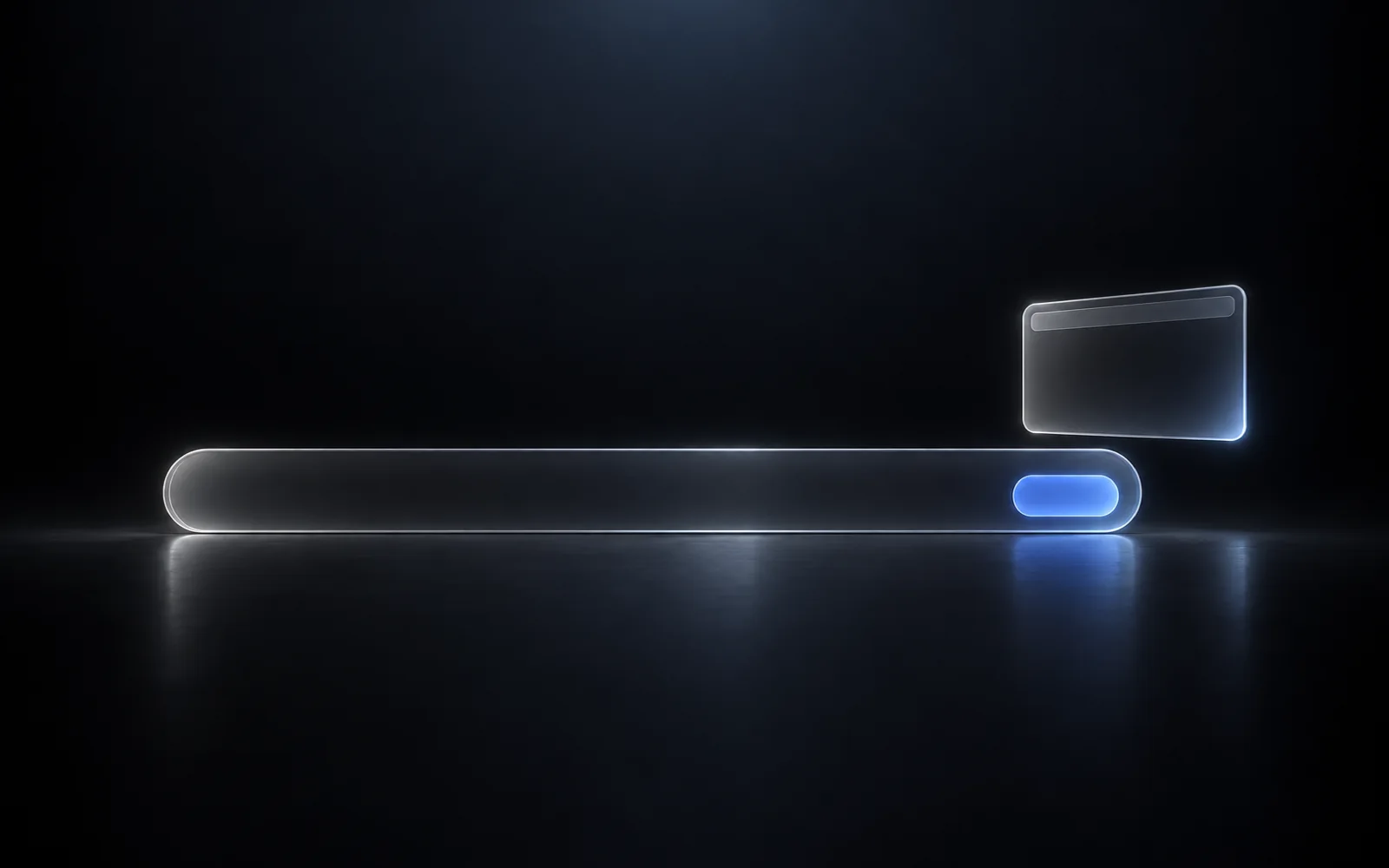 A long empty glass address bar with a blue glowing button at its right end and a small glass window floating above it on a near-black background.