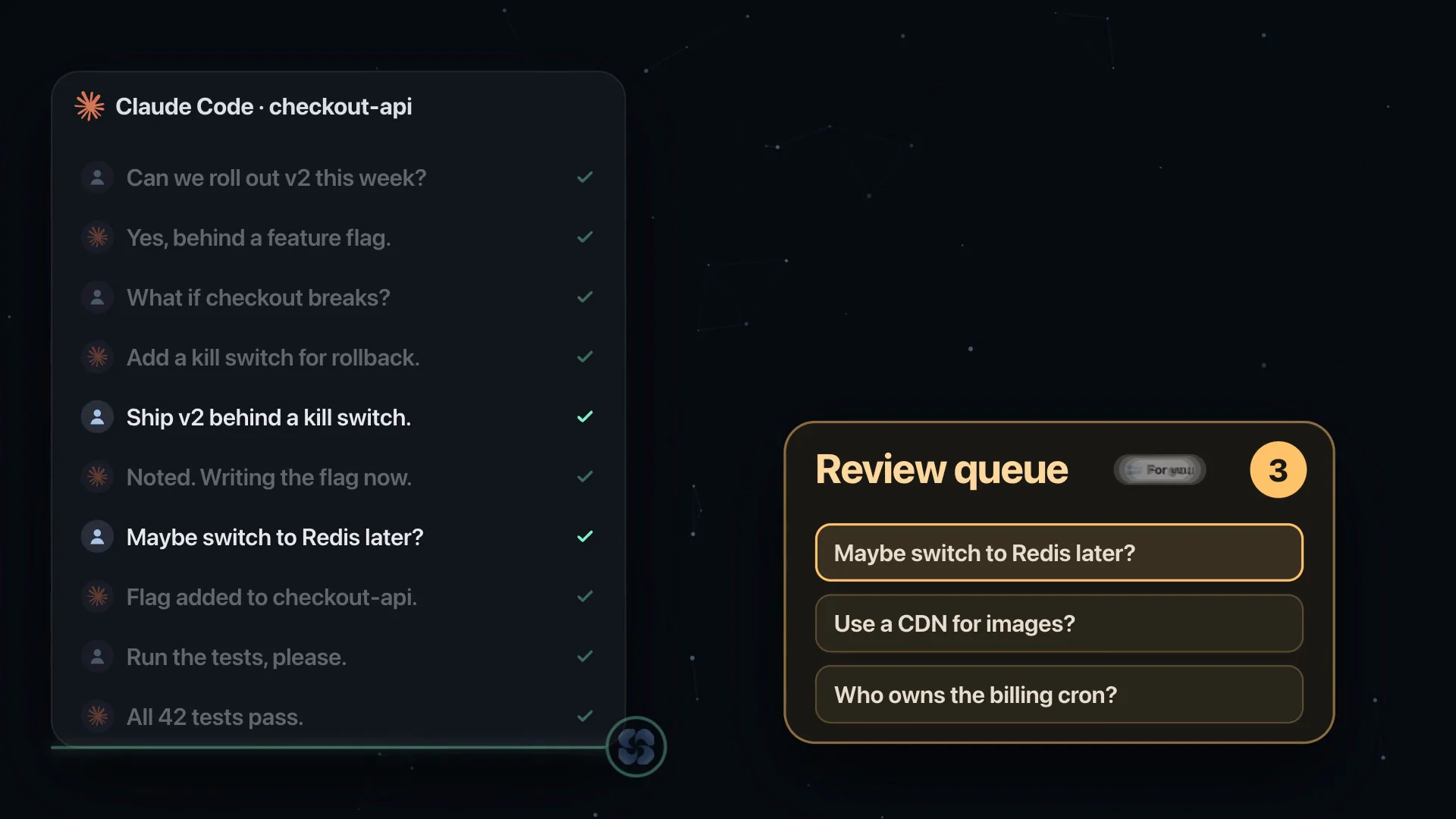 A review queue with three uncertain items waiting for approval next to the source conversation.