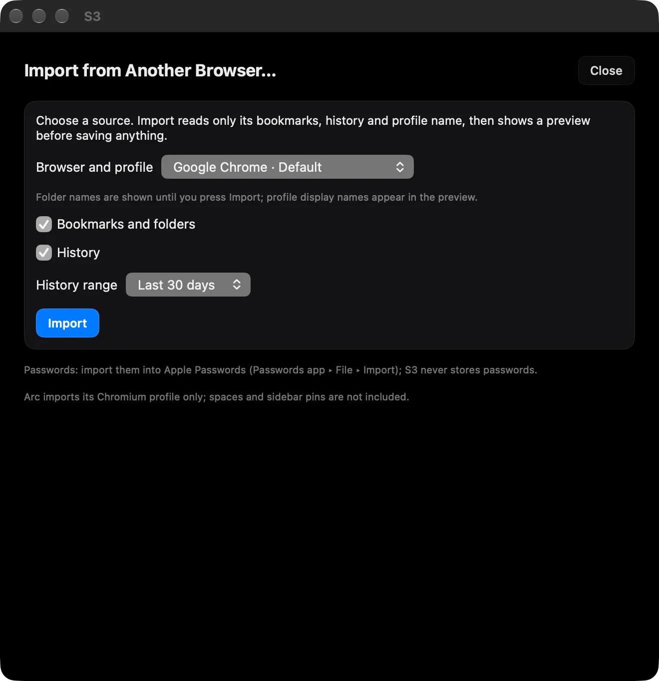 Google Chrome · Default seçili, yer imleri ve geçmiş işaretli, geçmiş aralığı Son 30 gün olan Başka tarayıcıdan içe aktar penceresi ve İçe aktar düğmesi.
