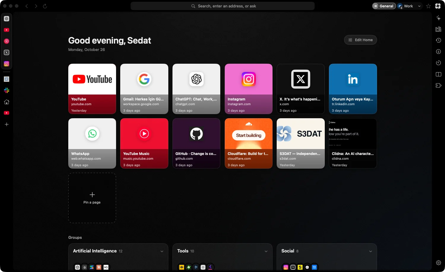 Solda sabitlenen sekmeler, YouTube, Gmail, ChatGPT, Instagram, X ve GitHub gibi on iki sabit sayfa ve Yapay Zekâ, Araçlar ve Sosyal grupları olan S3 Browser Ana Sayfası.