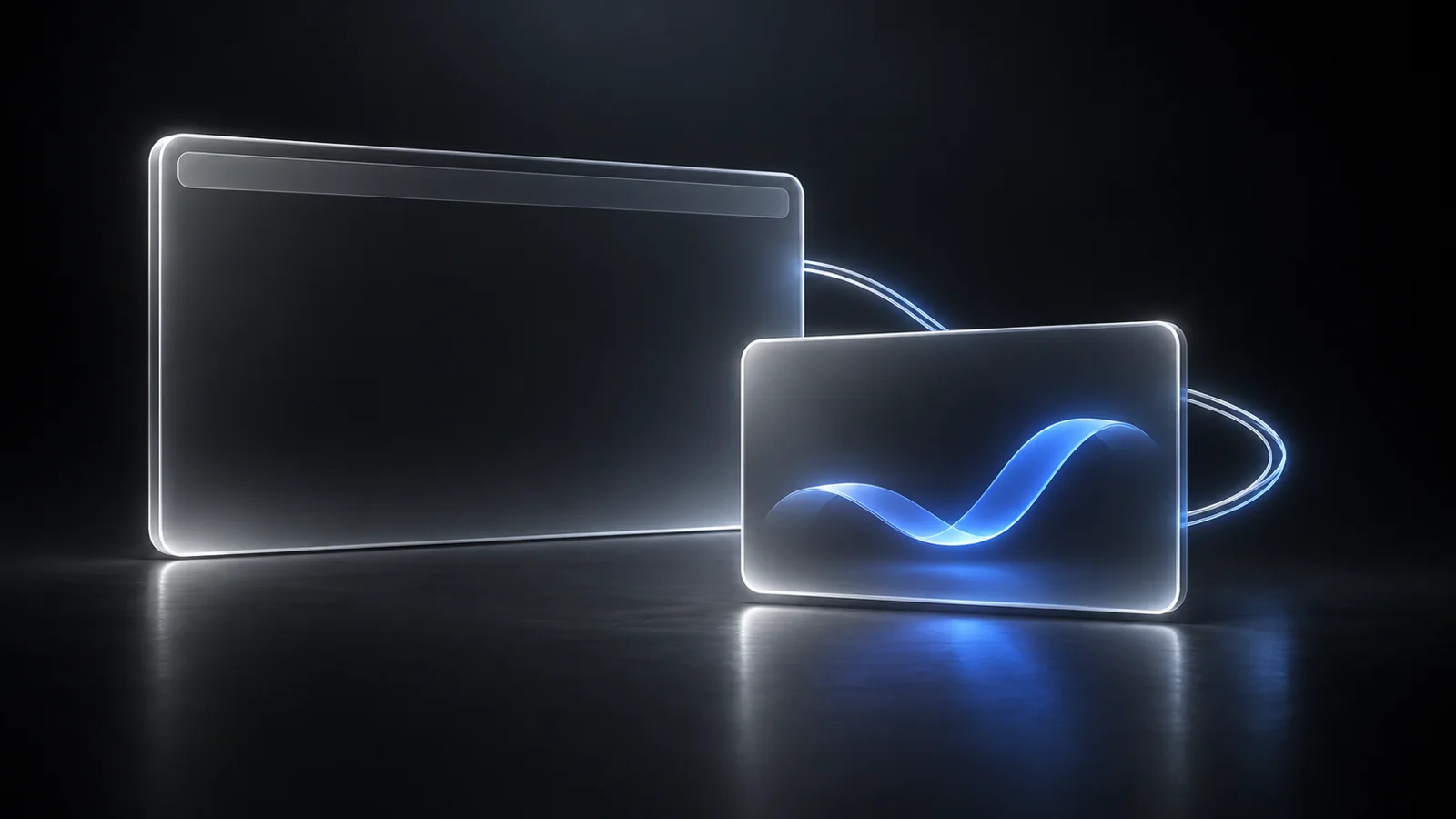 A large dark glass browser window and a smaller illuminated window in front, linked by a glowing loop, with a blue curved ribbon inside the smaller window.