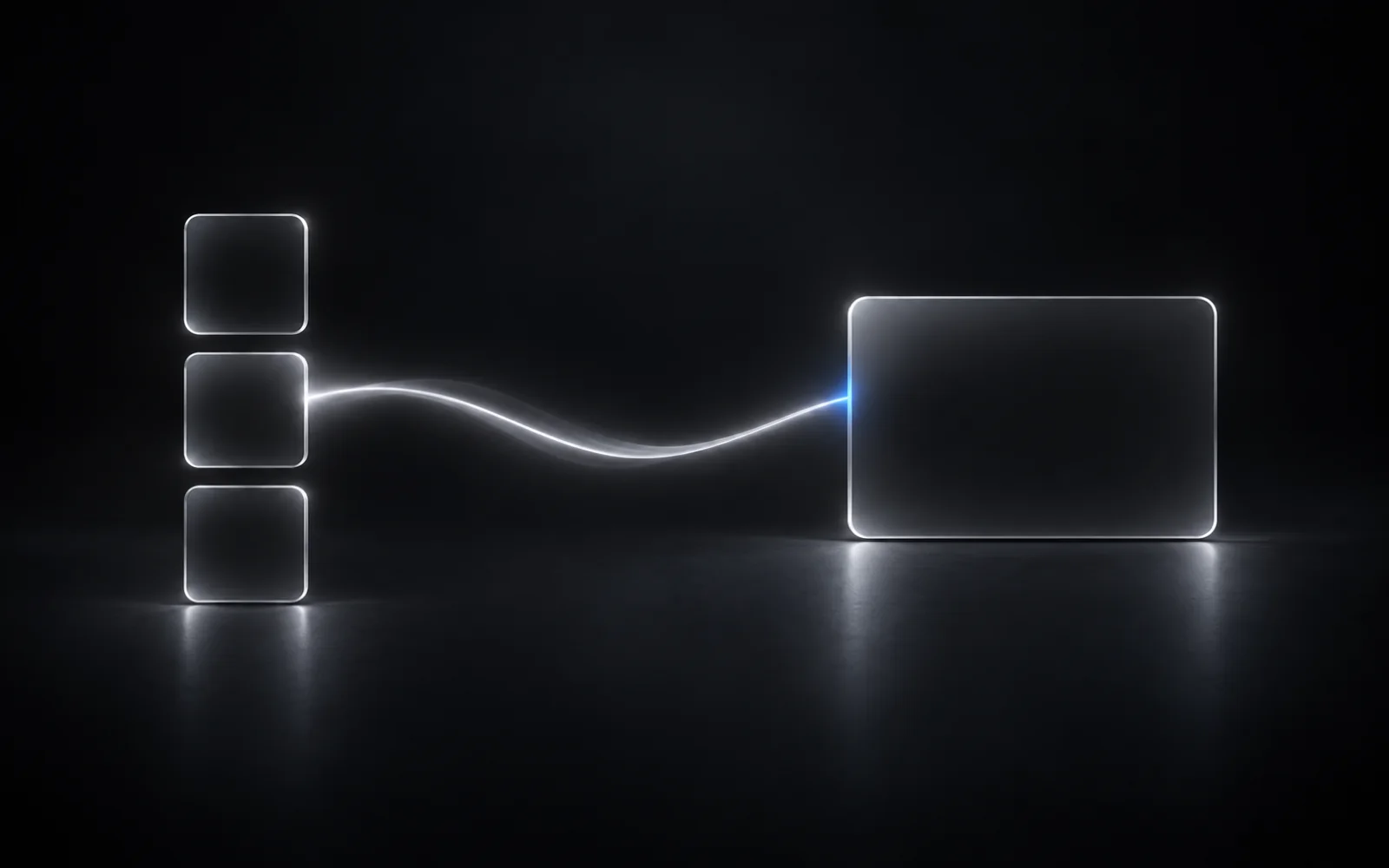 Three small glass tiles form a vertical column on the left. A glowing path connects the middle tile to a larger glass card on the right, ending in a blue light.