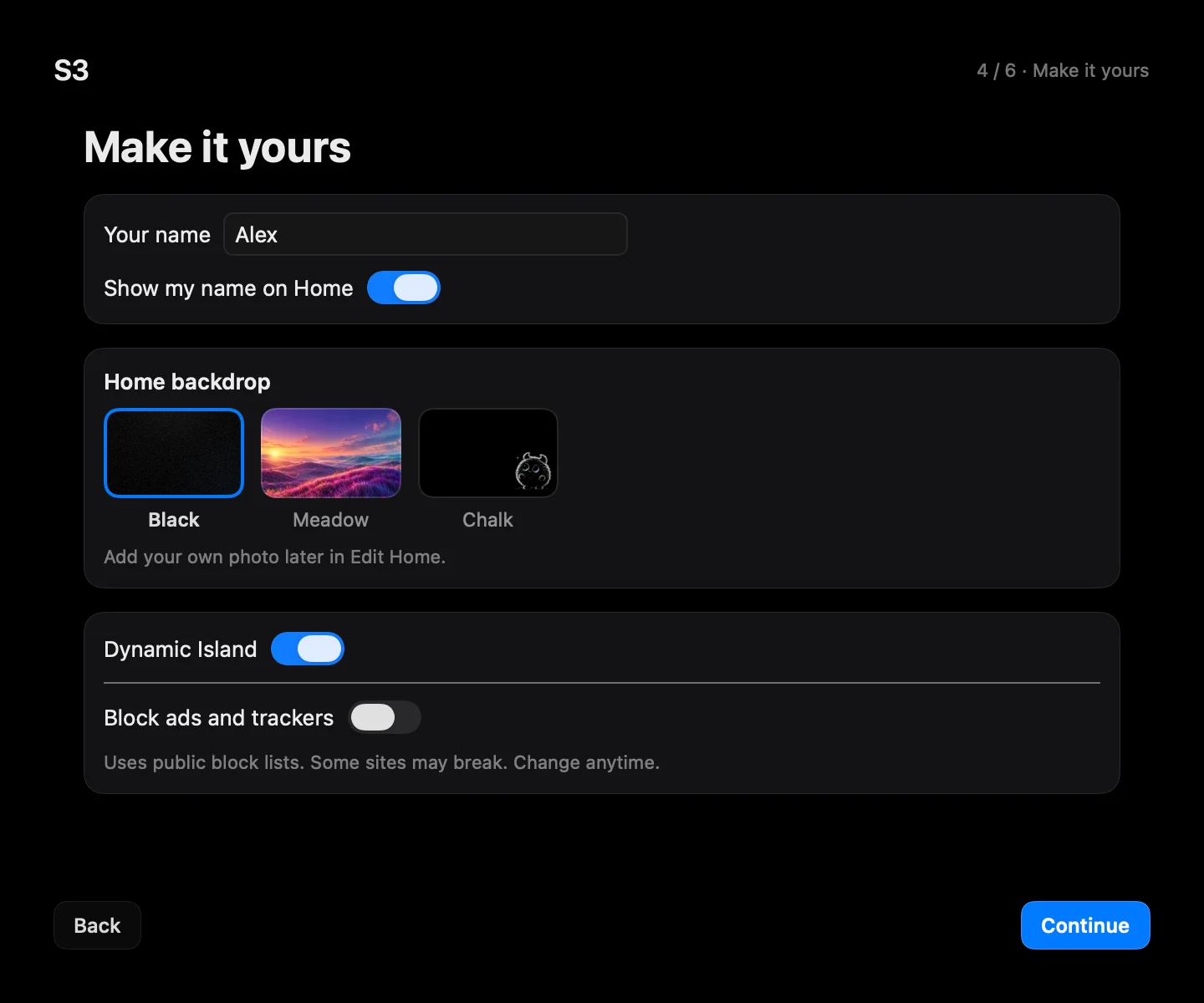 Kurulumun 6 adımdan 4.sü, Make it yours: isim alanı, Ana Sayfa’da adımı göster, Siyah, Çayır ve Tebeşir arka plan seçenekleri, açık Dinamik Ada ve kapalı reklam ve izleyici engelleme.