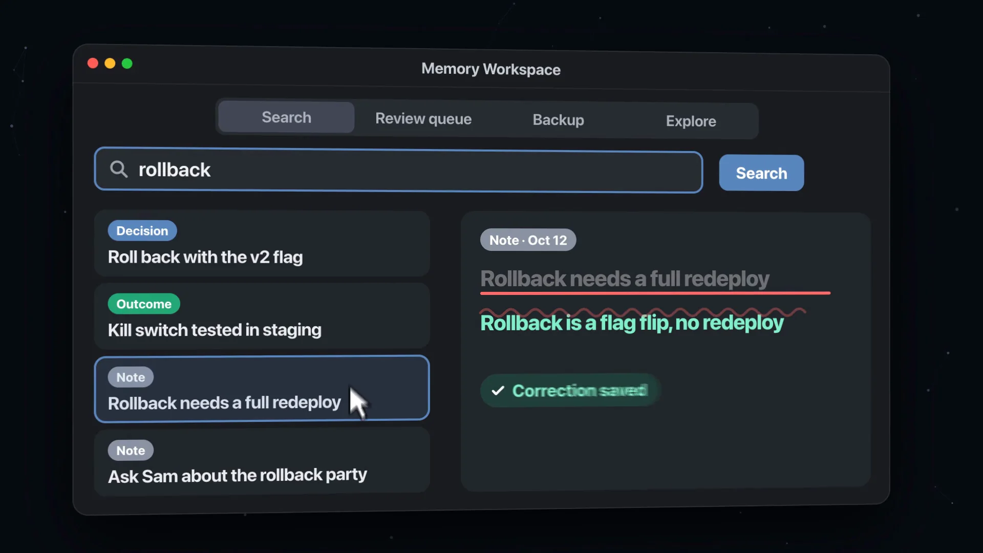 The Memory Workspace search for “rollback”: a note is corrected from “Rollback needs a full redeploy” to “Rollback is a flag flip, no redeploy”, with Correction saved.