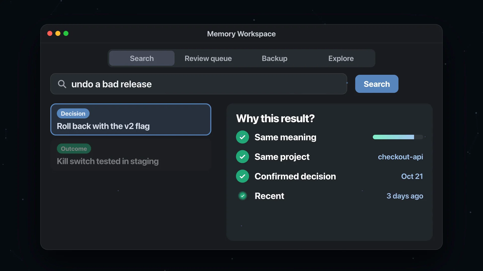 A search for “undo a bad release” with a Why this result? panel: same meaning, same project, confirmed decision, recent.