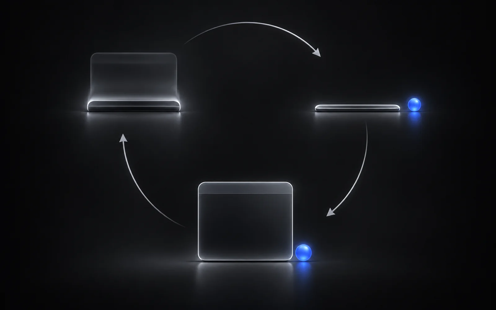 Three stages arranged in a circular loop show an application window closing, a small detached blue light waiting, and the window reopening.