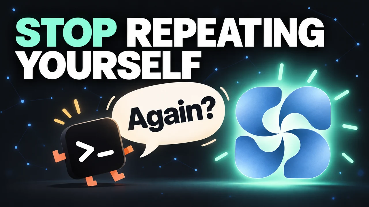 S3 Brain launch art: a terminal character asks “Again?” next to the glowing S3 Brain pinwheel, under the words Stop repeating yourself.